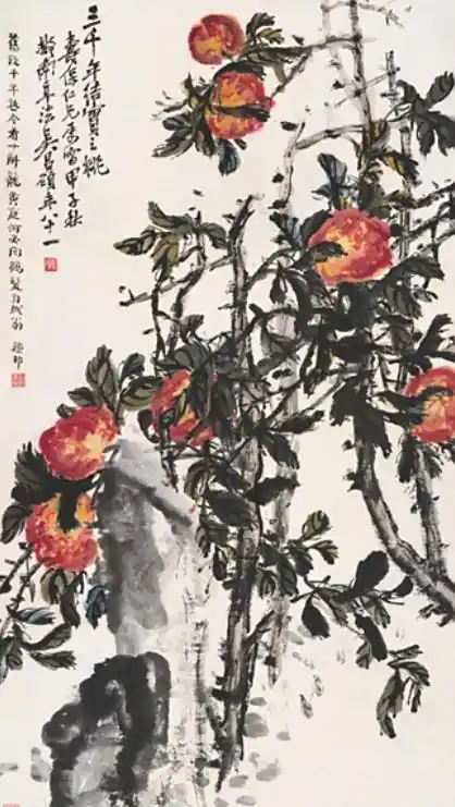 寿桃图(吴昌硕所作水墨设色画)