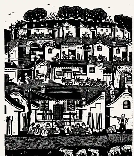 山村秋景(董其中1963年创作的黑白木刻版画)